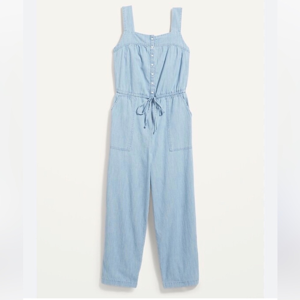 Old Navy Sleeveless Tie Waist Utility Jean Jumpsuit Size M Light Blue Cotton